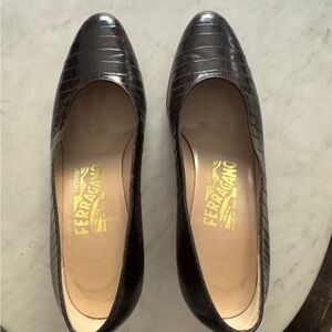 Salvatore Ferragamo Black Croc-Embossed Heels